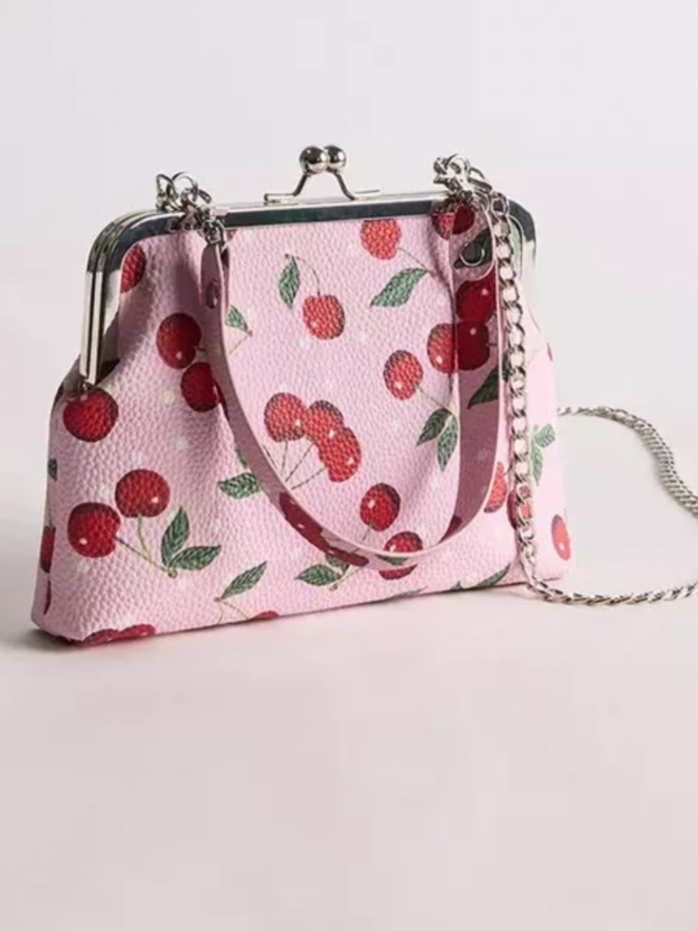 Torrid Pink Cherry Print Kiss-lock Crossbody bag with cherries silver - NWT